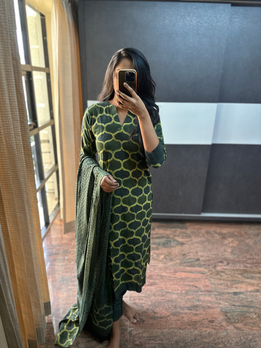 Vanaspathi Ajrakh 3 Piece set (Green)