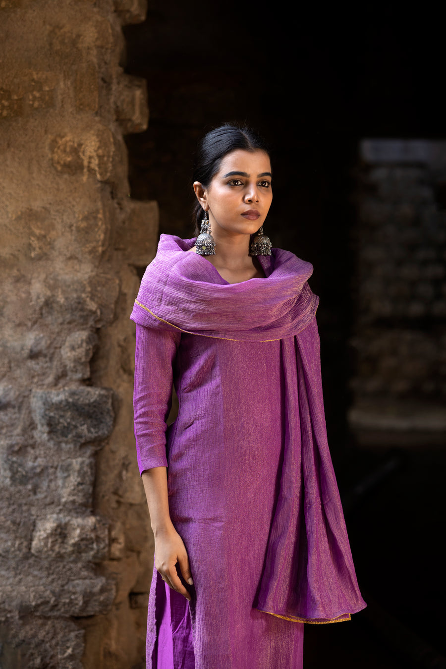 Lilac Crushed Tissue Kurta Set