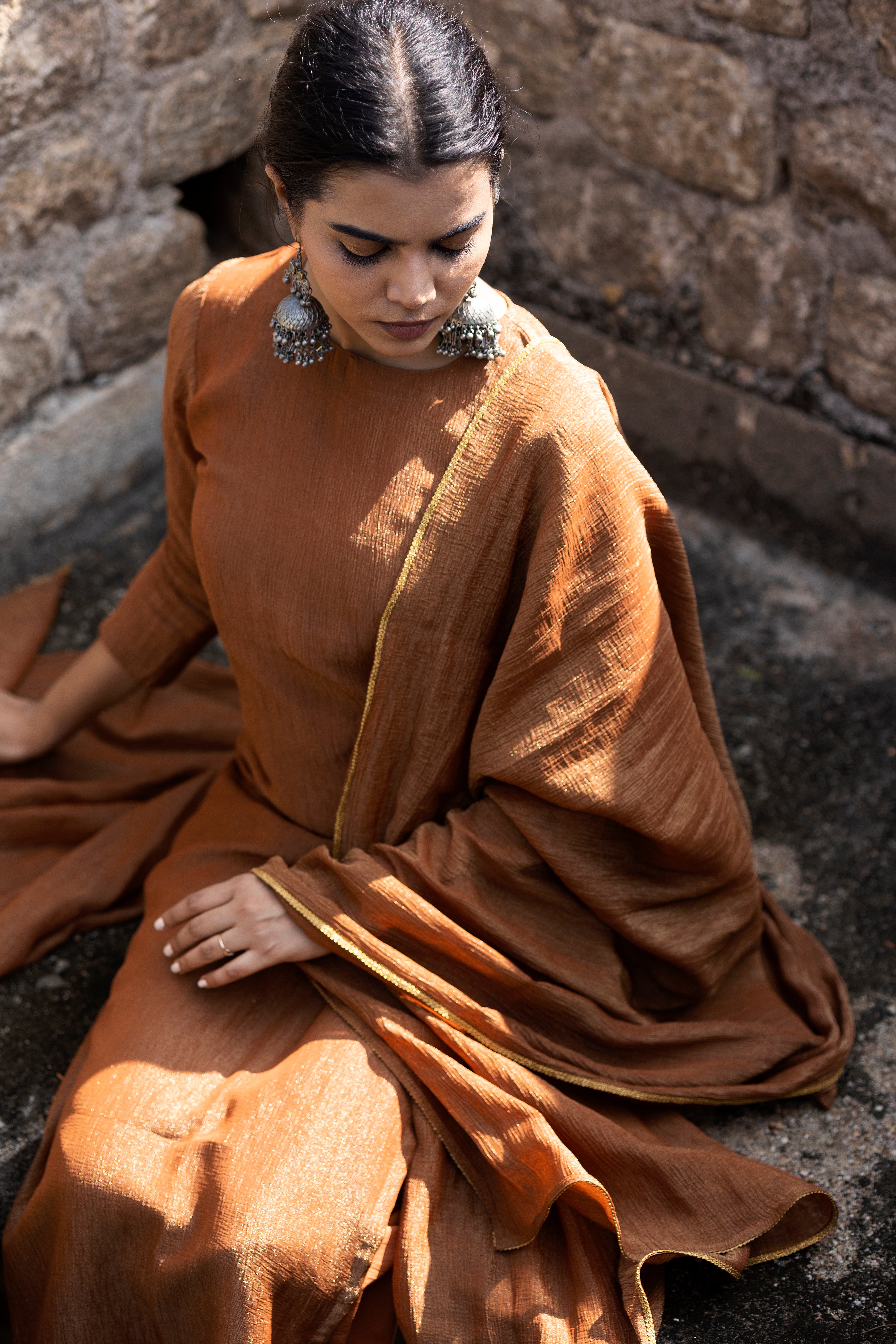 Brown Crushed Tissue Kurta Set