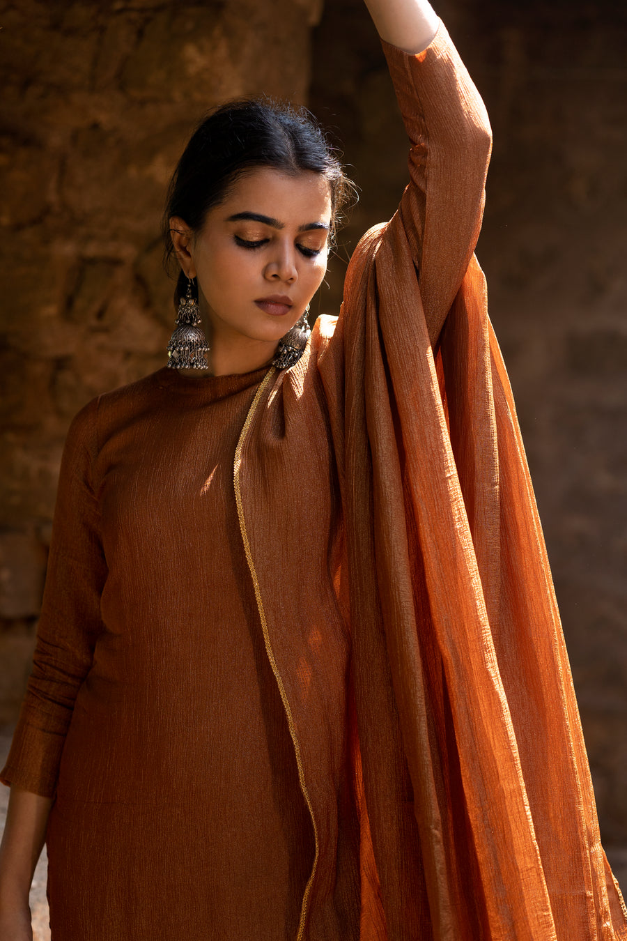 Brown Crushed Tissue Kurta Set