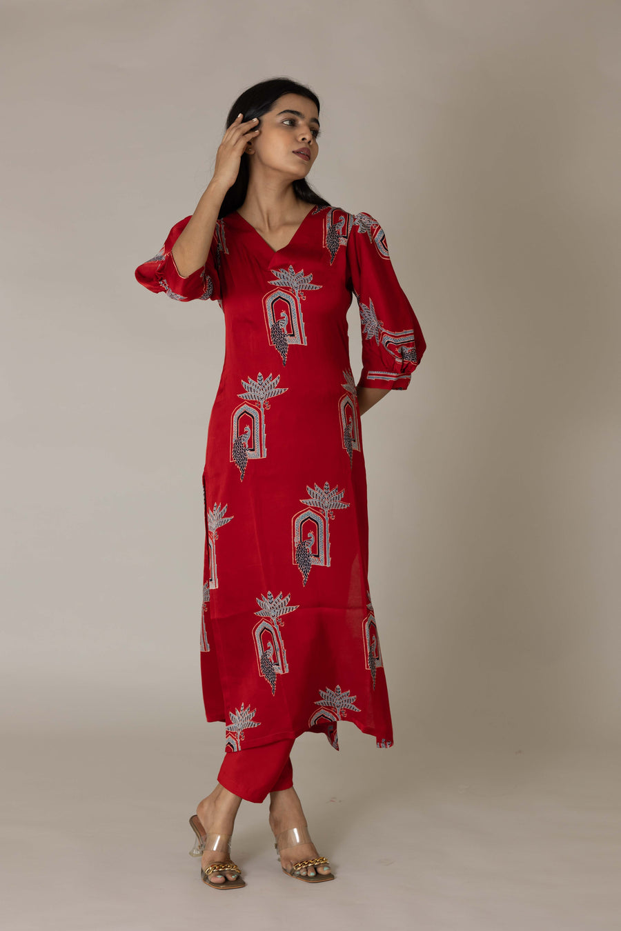 Red Modal Silk Ajrakh Kurta