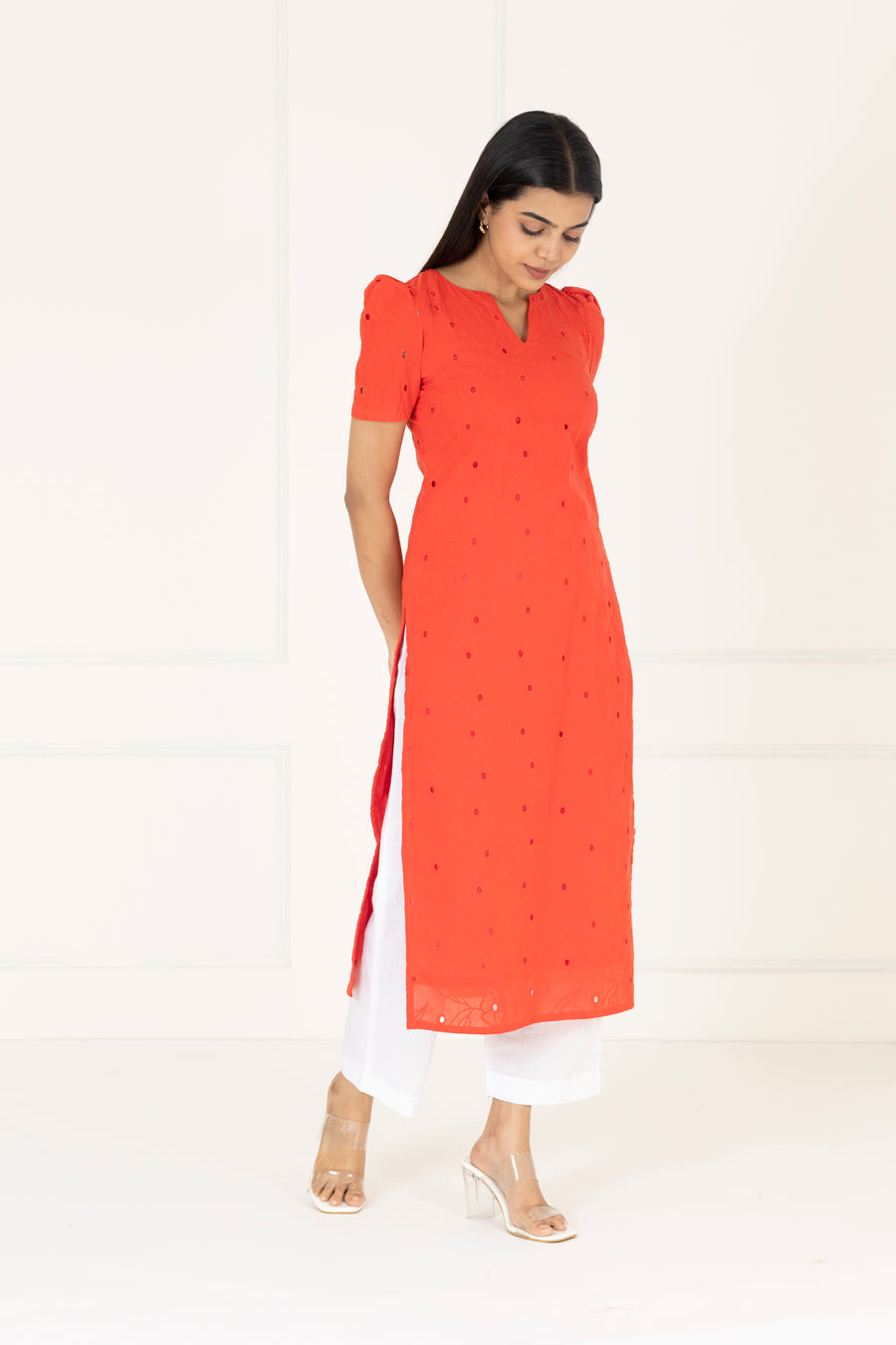 Bright Red Hakoba Cotton Kurta