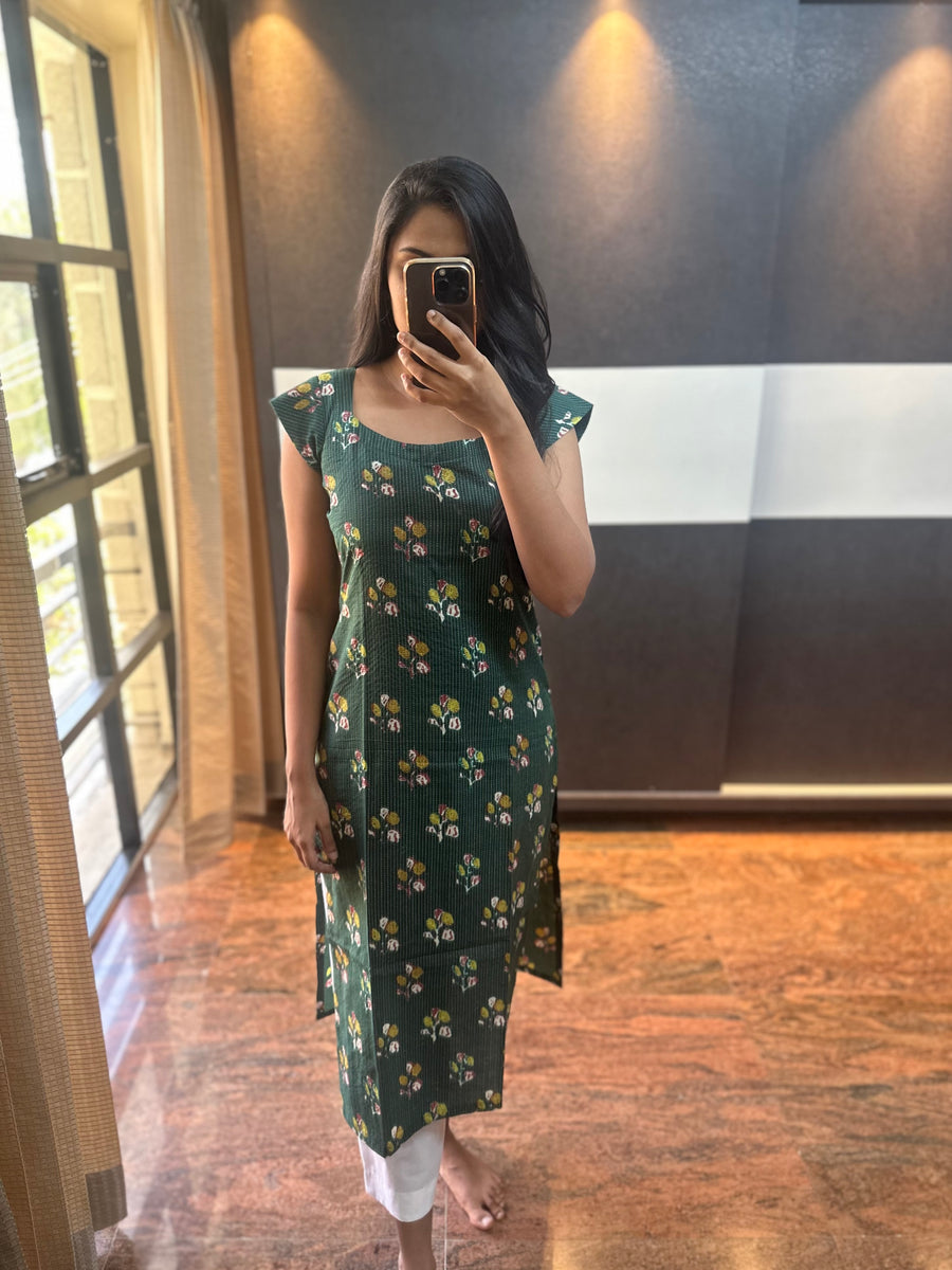 Green Kantha Stitch Kurta