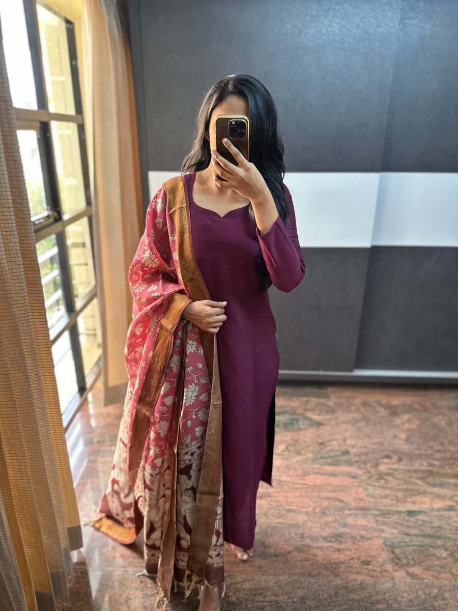 Wine Raw Silk Suit Set