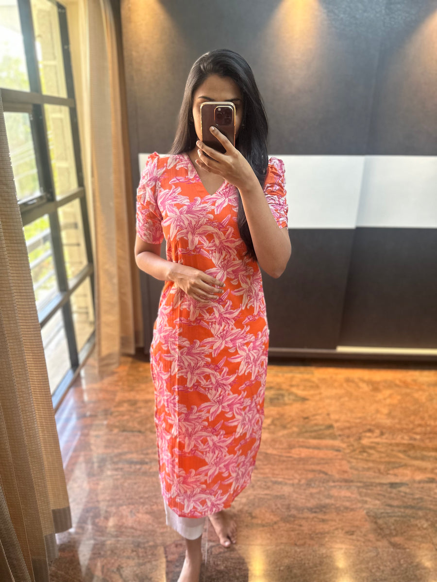 Orange Floral Cotton Kurta