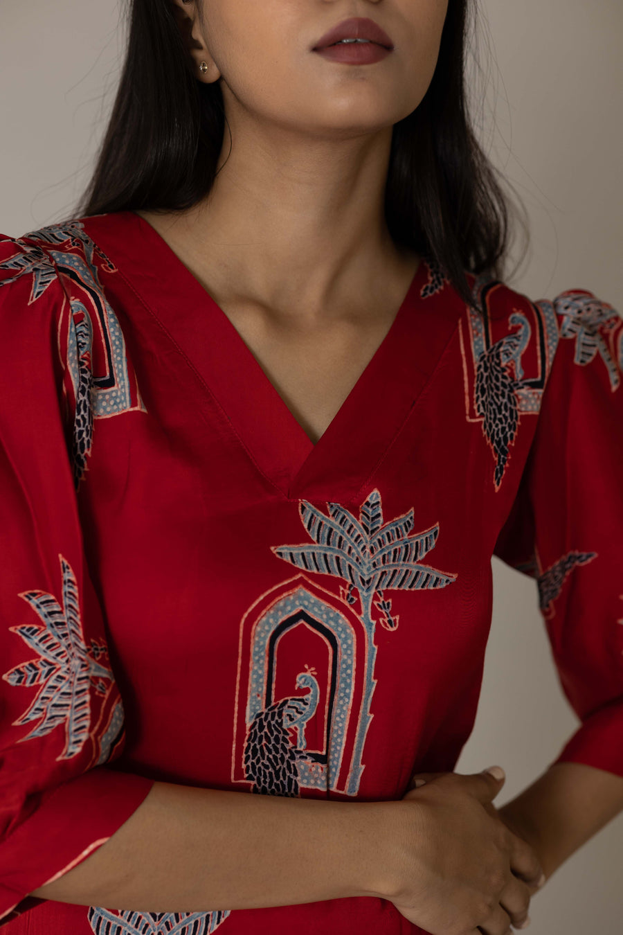Red Modal Silk Ajrakh Kurta