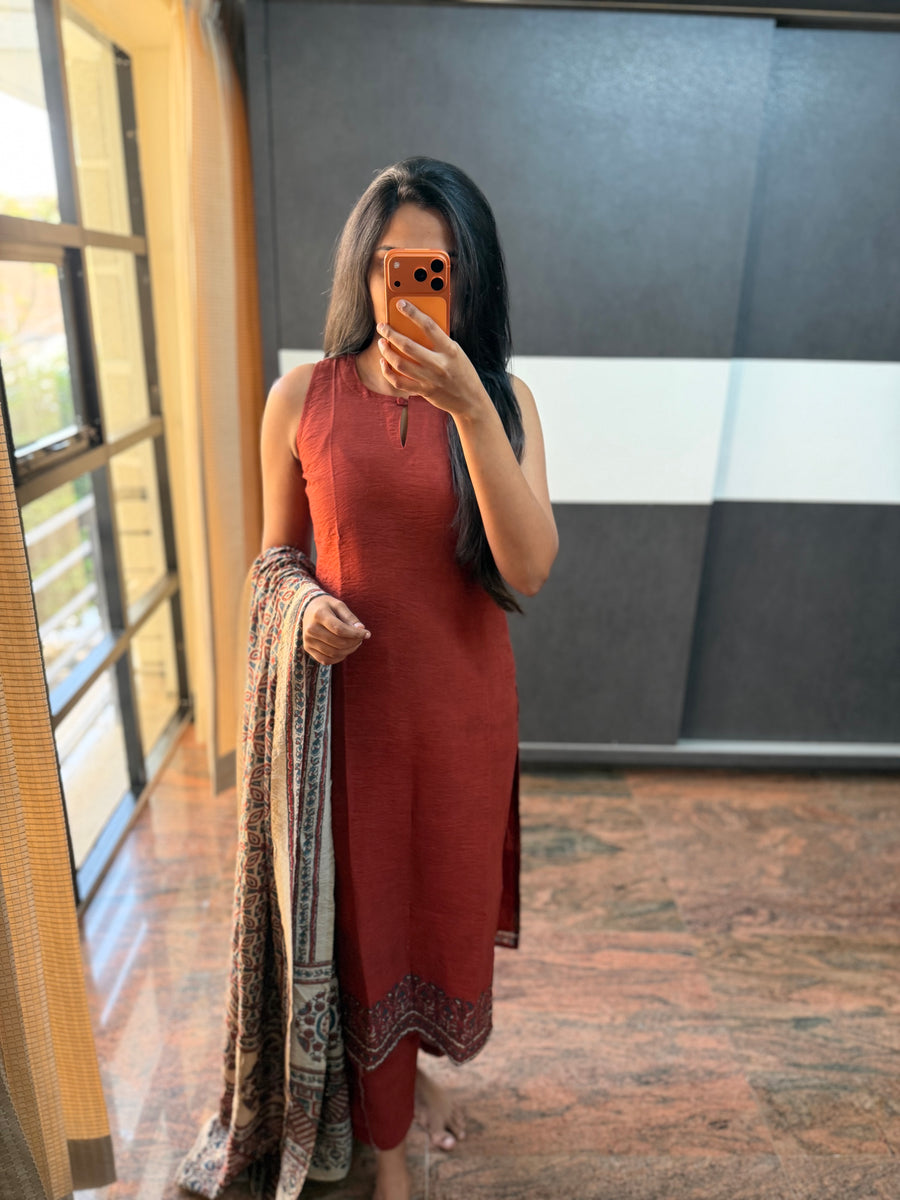 Rust Ajrakh Top And Dupatta