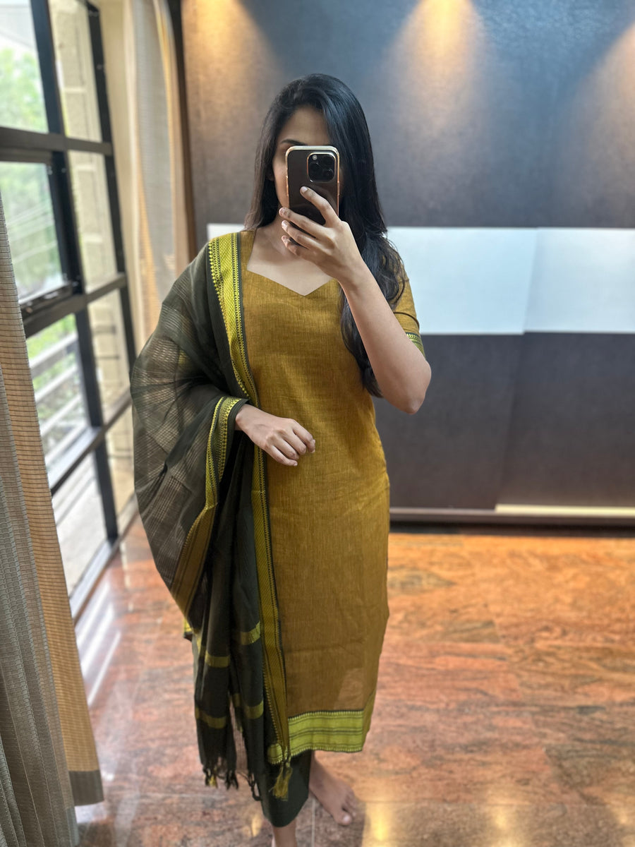 Kanchi Cotton 3 Piece Set - Honey With Dark Green