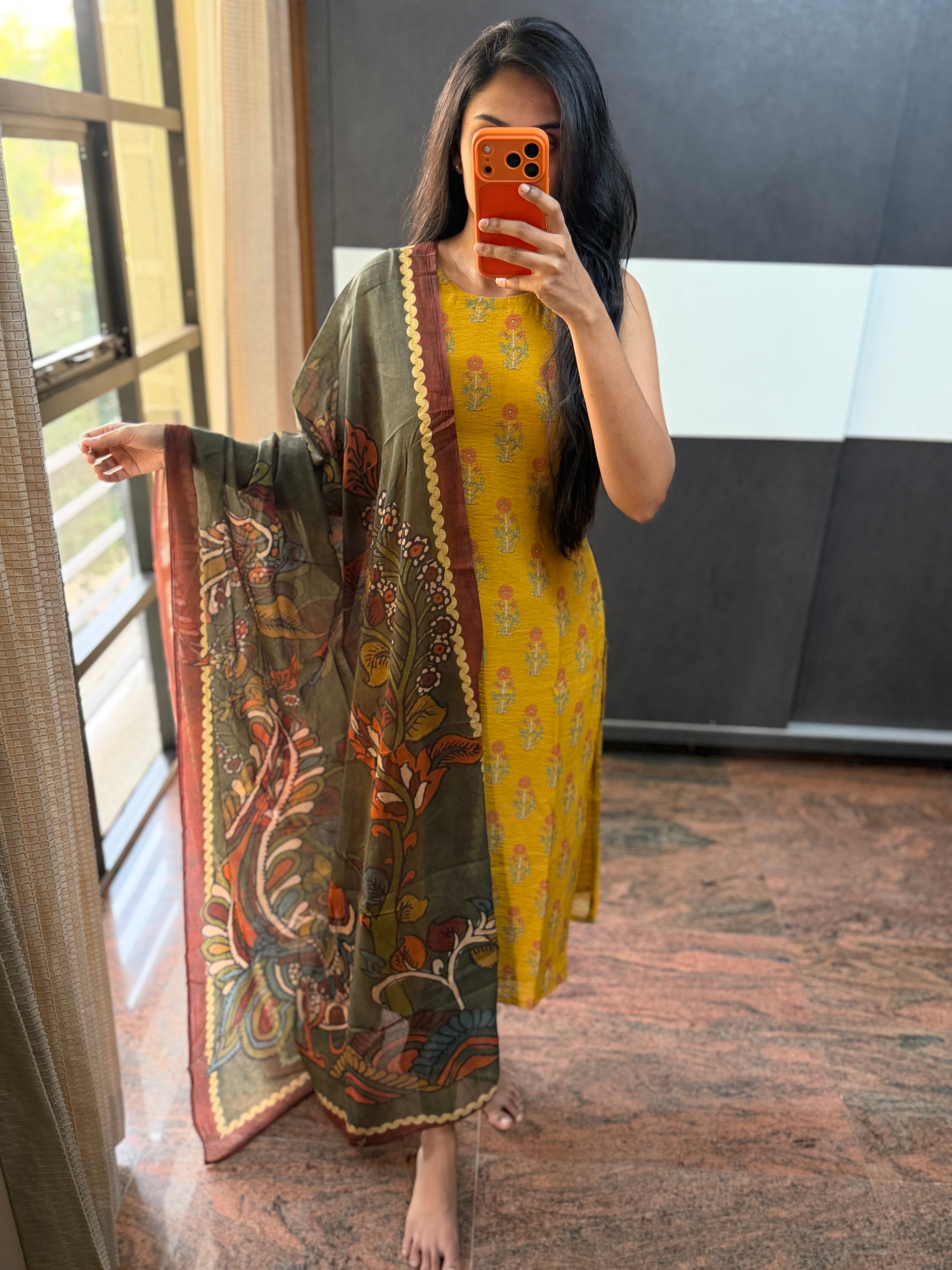 Mustard Mogra with Kalamkari Dupatta