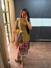 Mustard Pomegranate Pigment Maheshwari Top and Dupatta