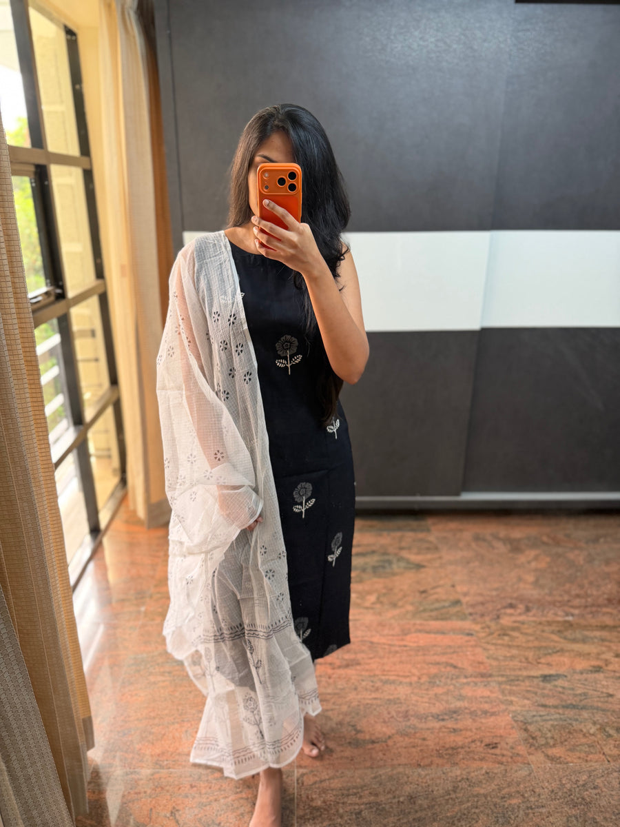 Black Cotton Set with Kota Dupatta