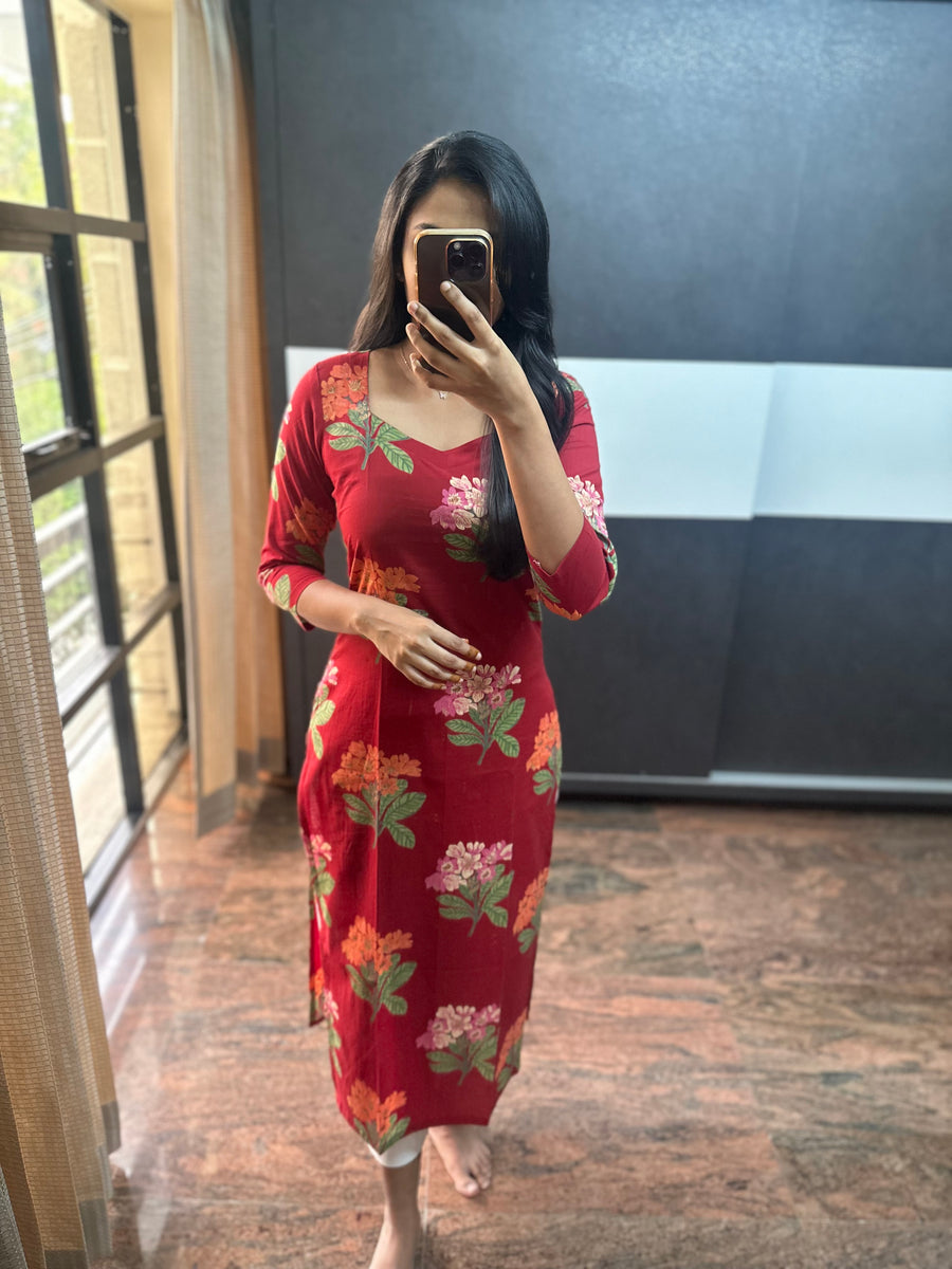 Red floral Cotton Kurta