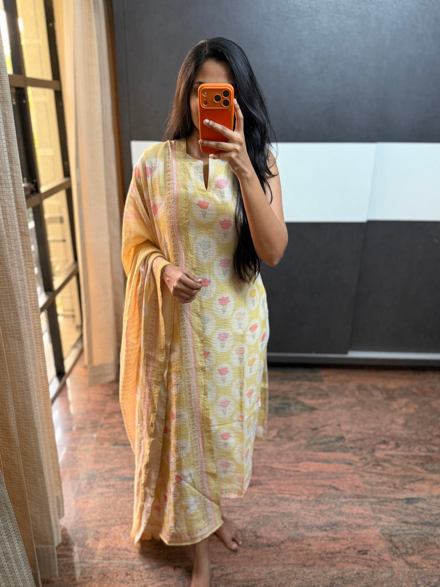 Pastel Yellow Mogra Chanderi Top and Dupatta