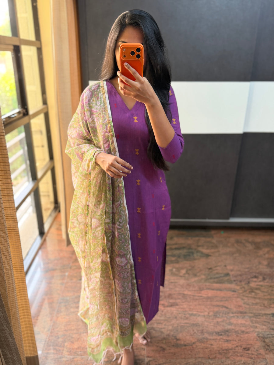 Purple Handwoven Top with Kota Dupatta