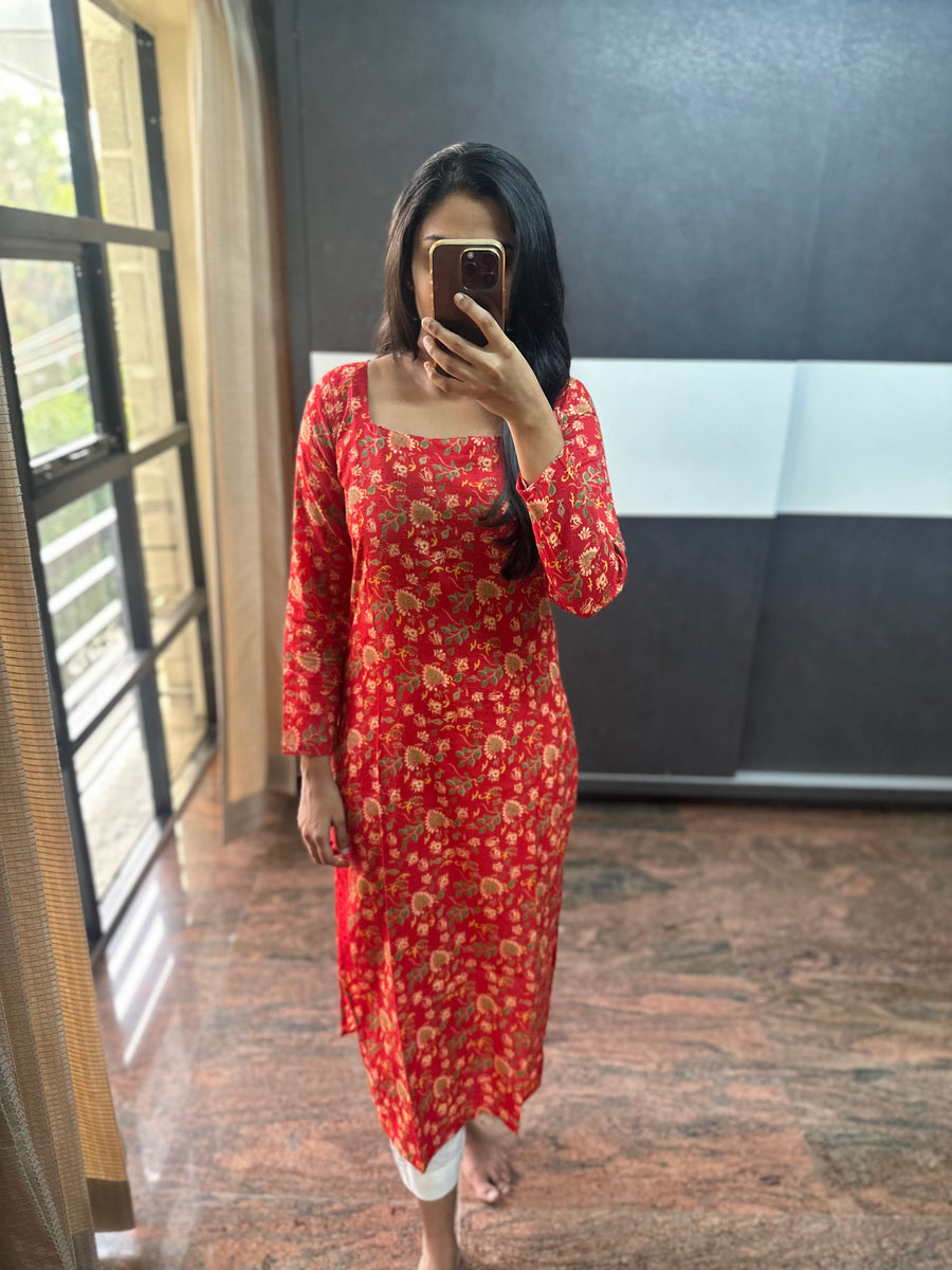 Red Floral Cotton Kurta