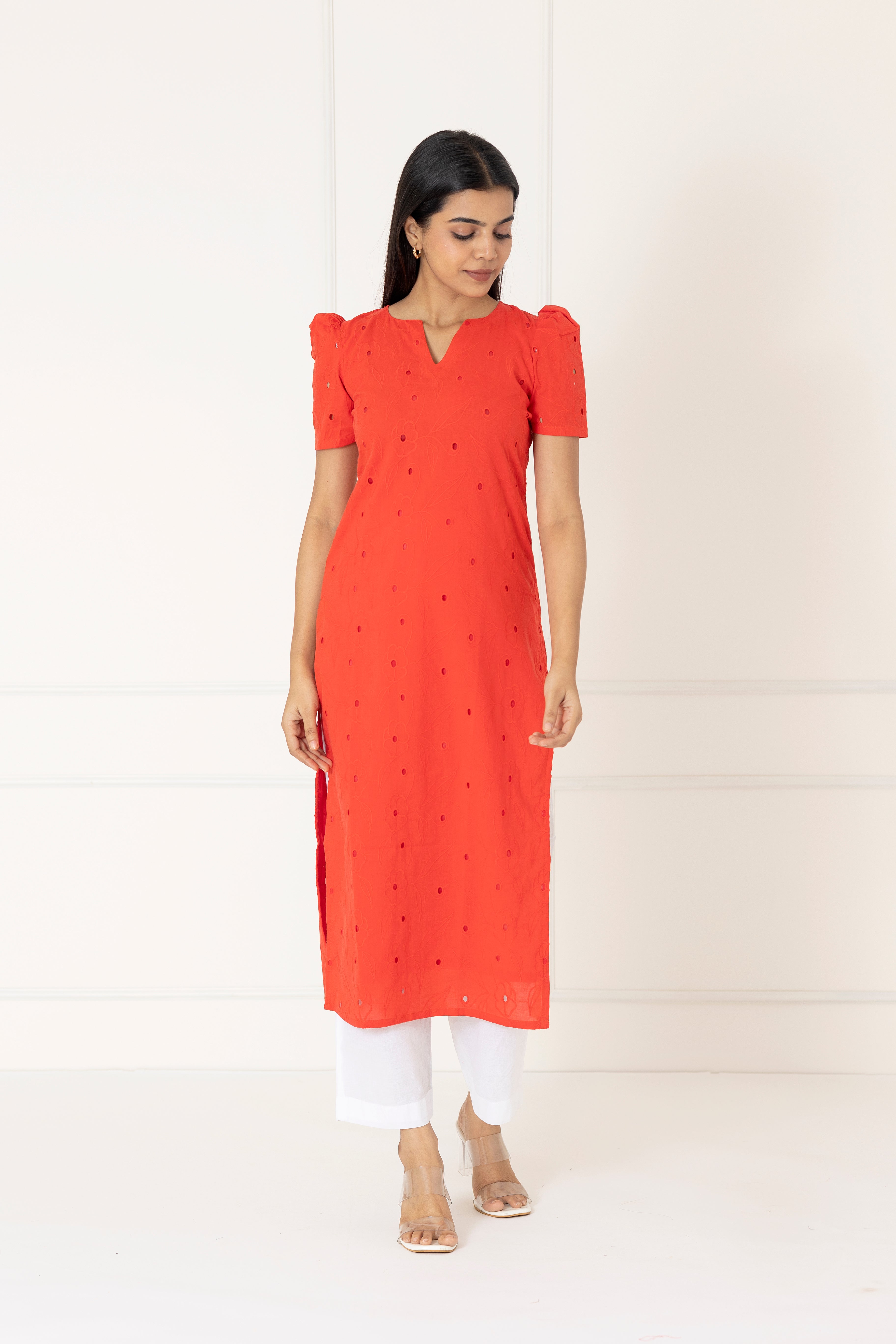 Bright Red Hakoba Cotton Kurta