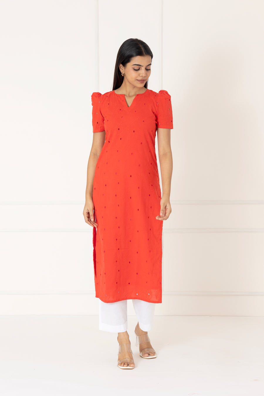 Bright Red Hakoba Cotton Kurta