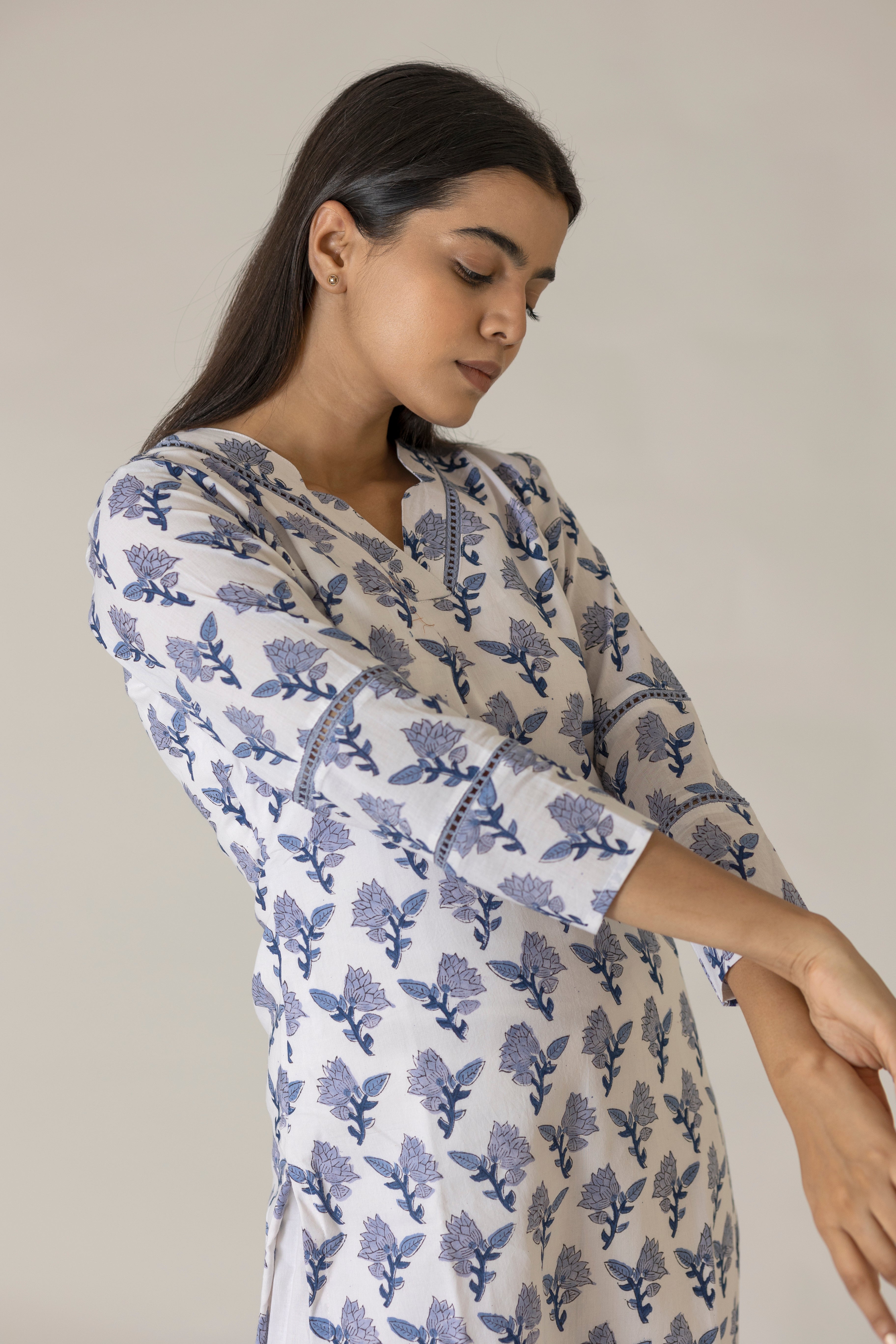 Side view of a ladies' wear Azure Block Printed Kurta, featuring intricate block print designs. 