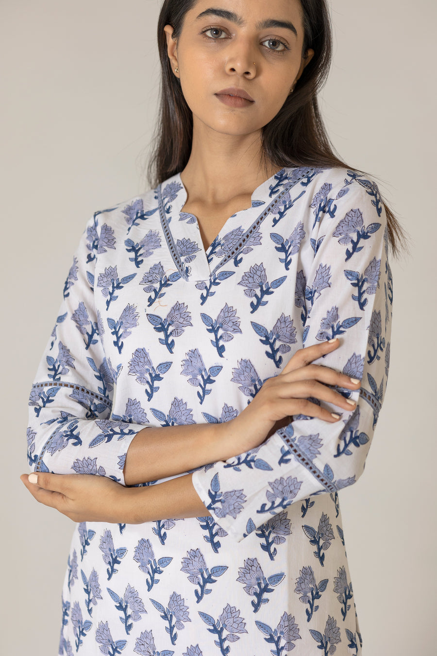 Close-up of a ladies' wear Azure Block Printed Kurta, featuring intricate block print designs. 