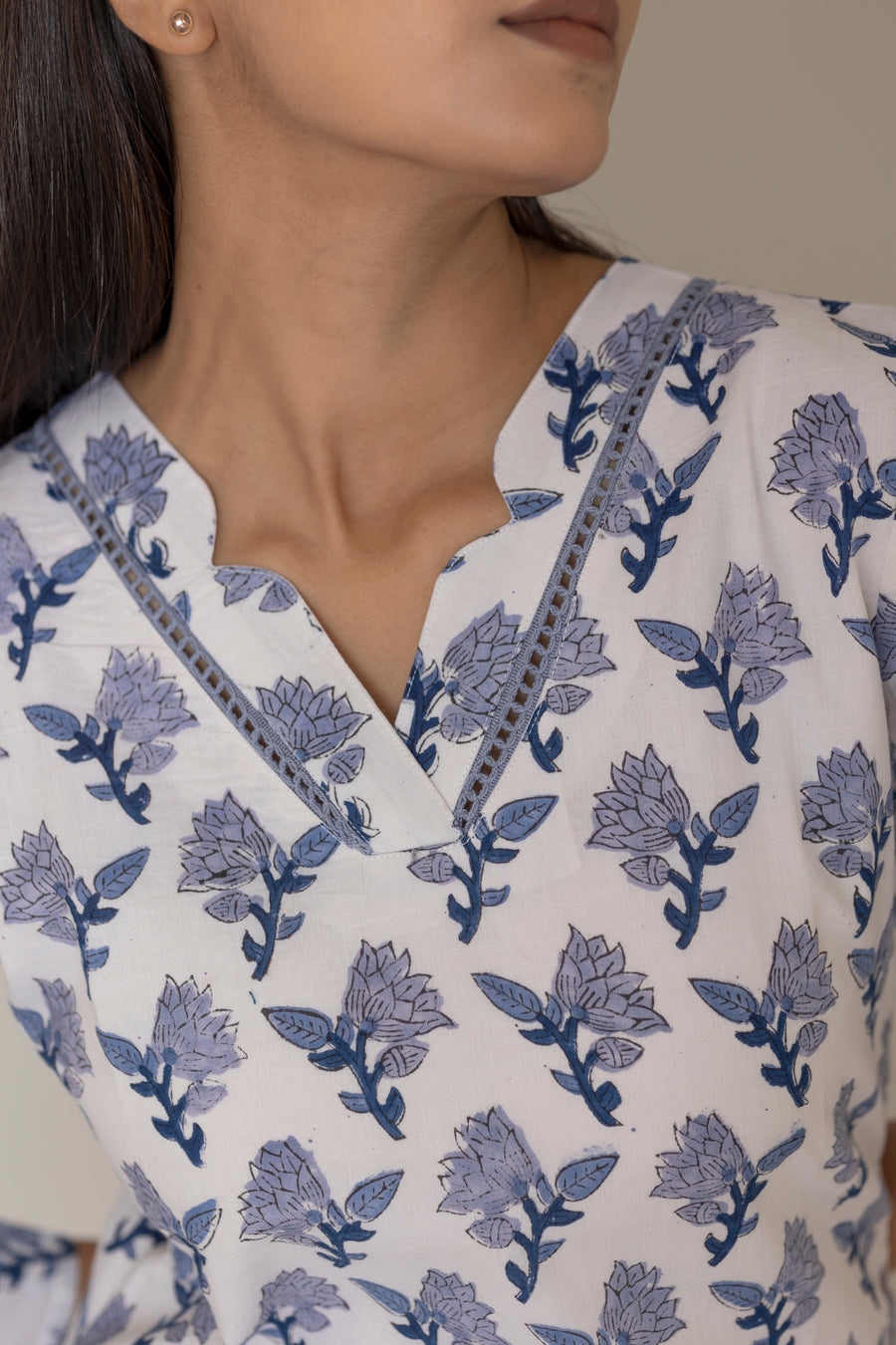 Design of a ladies' wear Azure Block Printed Kurta, featuring intricate block print designs. 