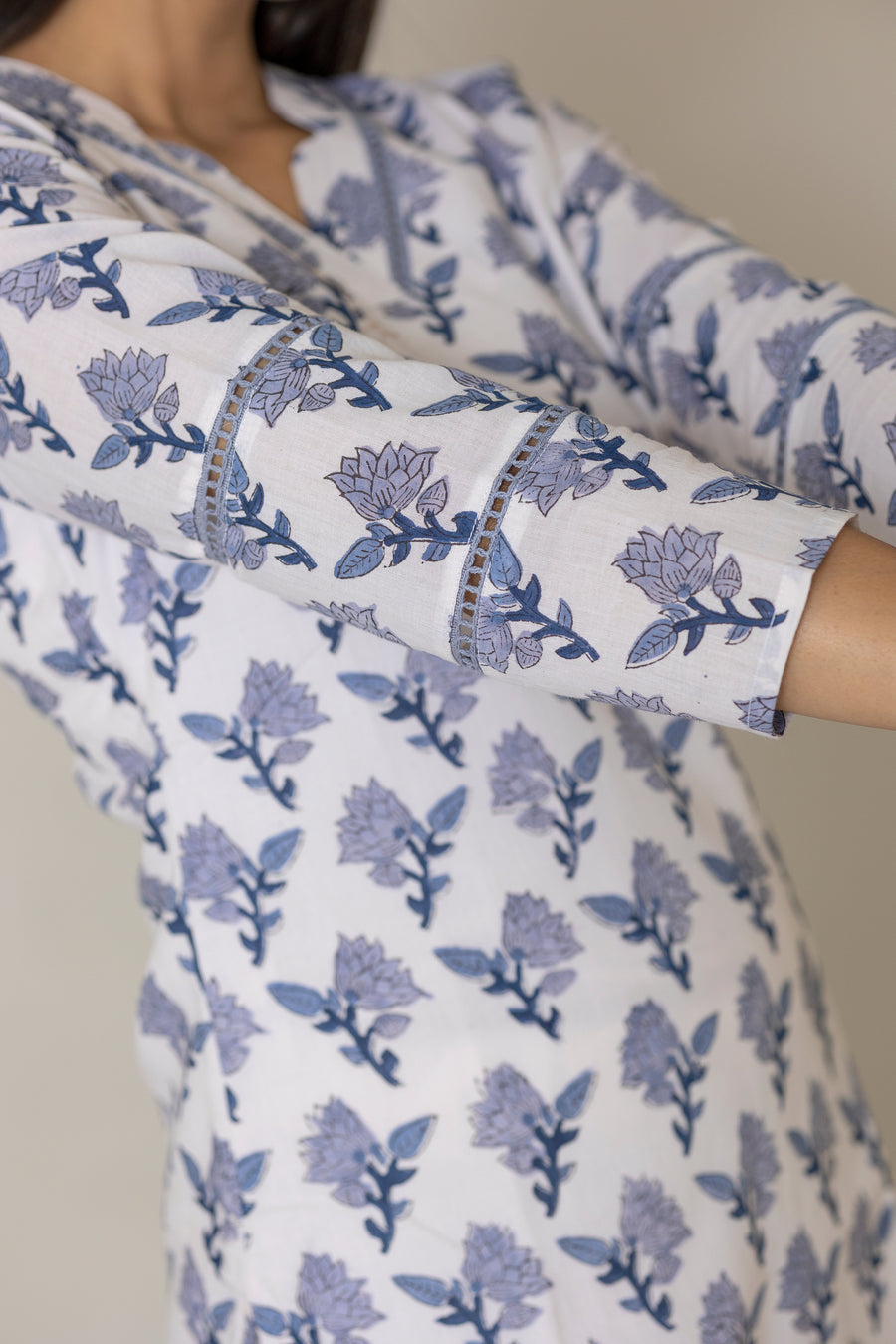 Side view close-up of a ladies' wear Azure Block Printed Kurta, featuring intricate block print designs. 