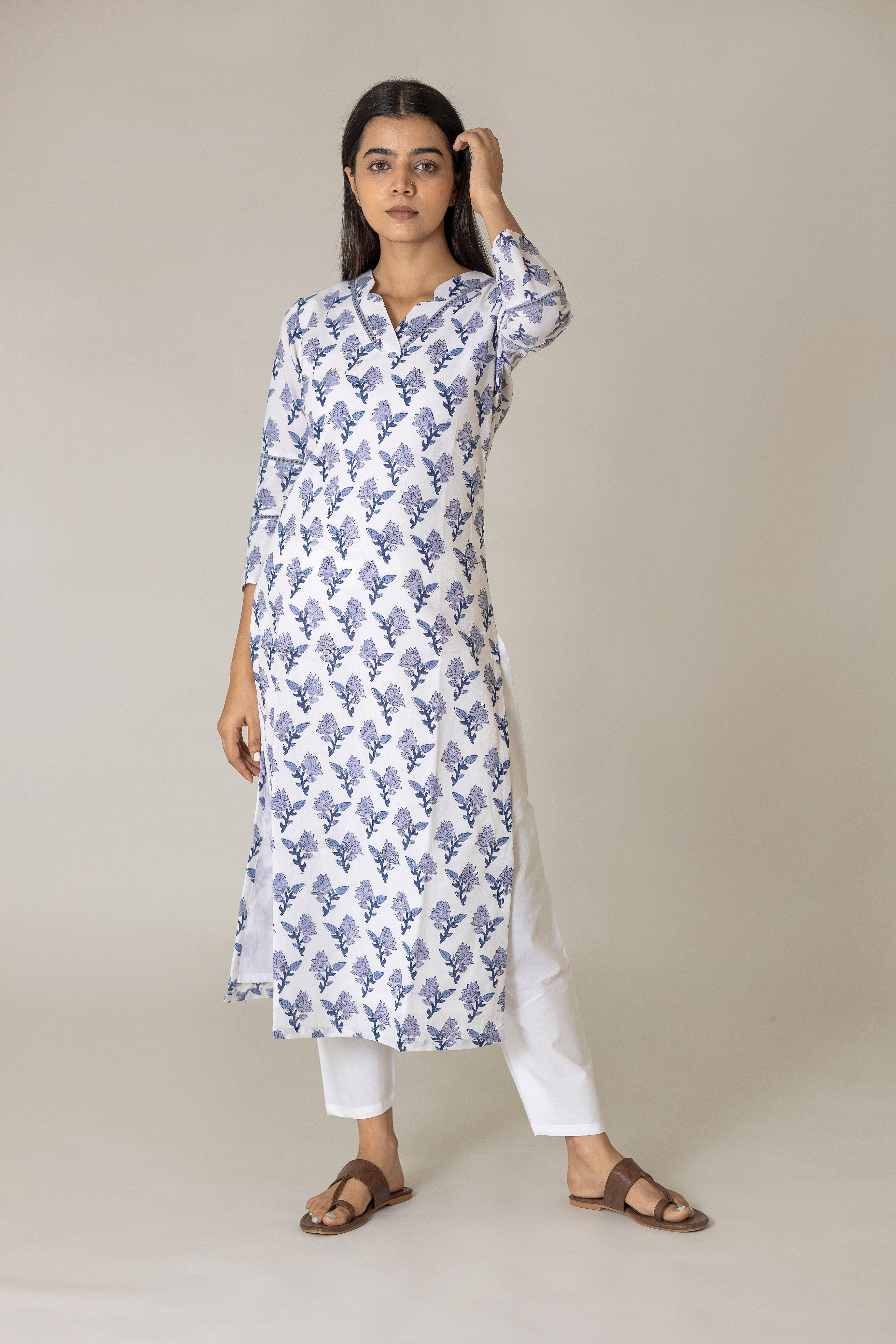 A ladies wear Azure Block Printed Kurta, featuring intricate block print designs. 