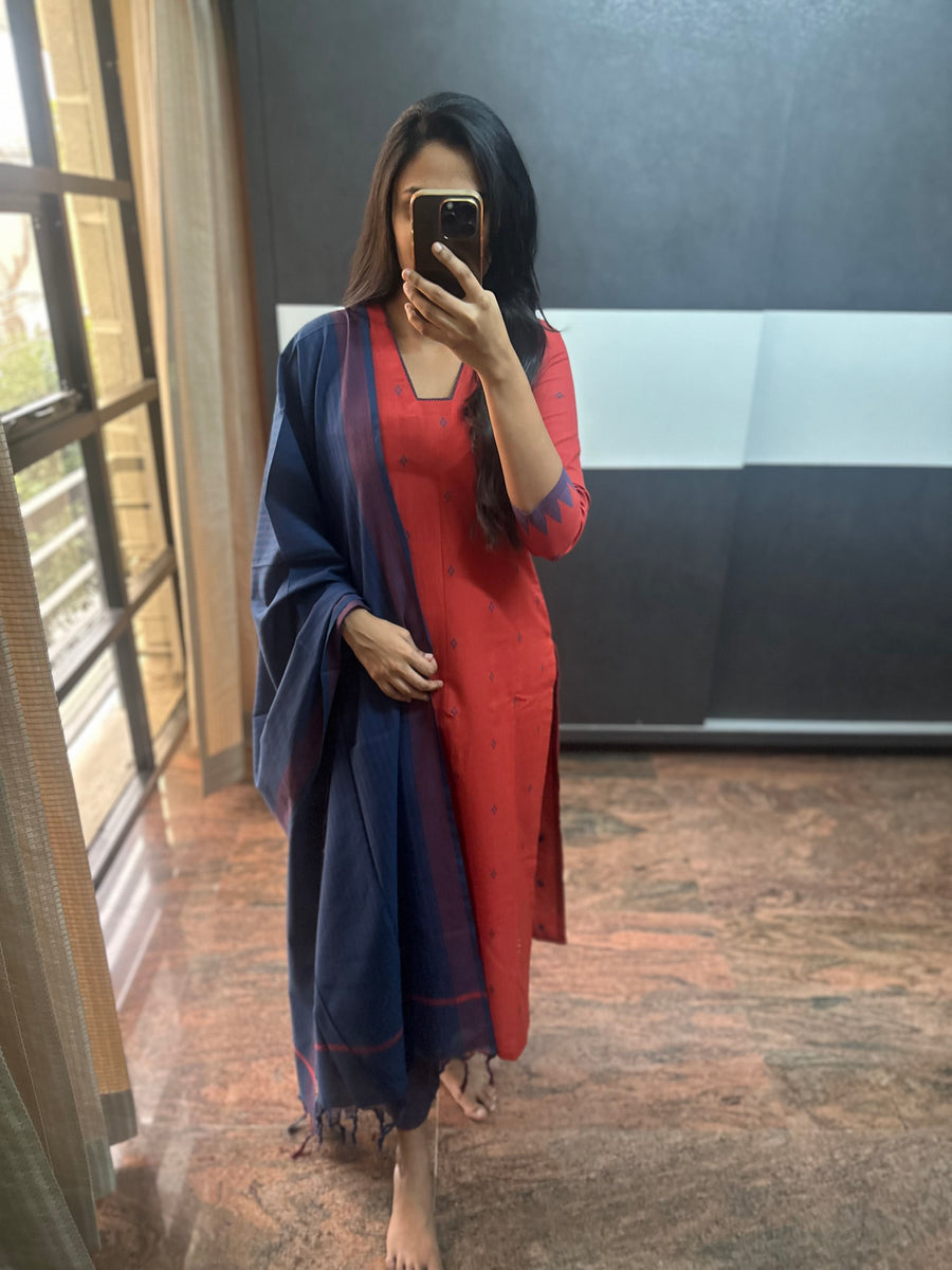Red Handloom Cotton 3 piece Set