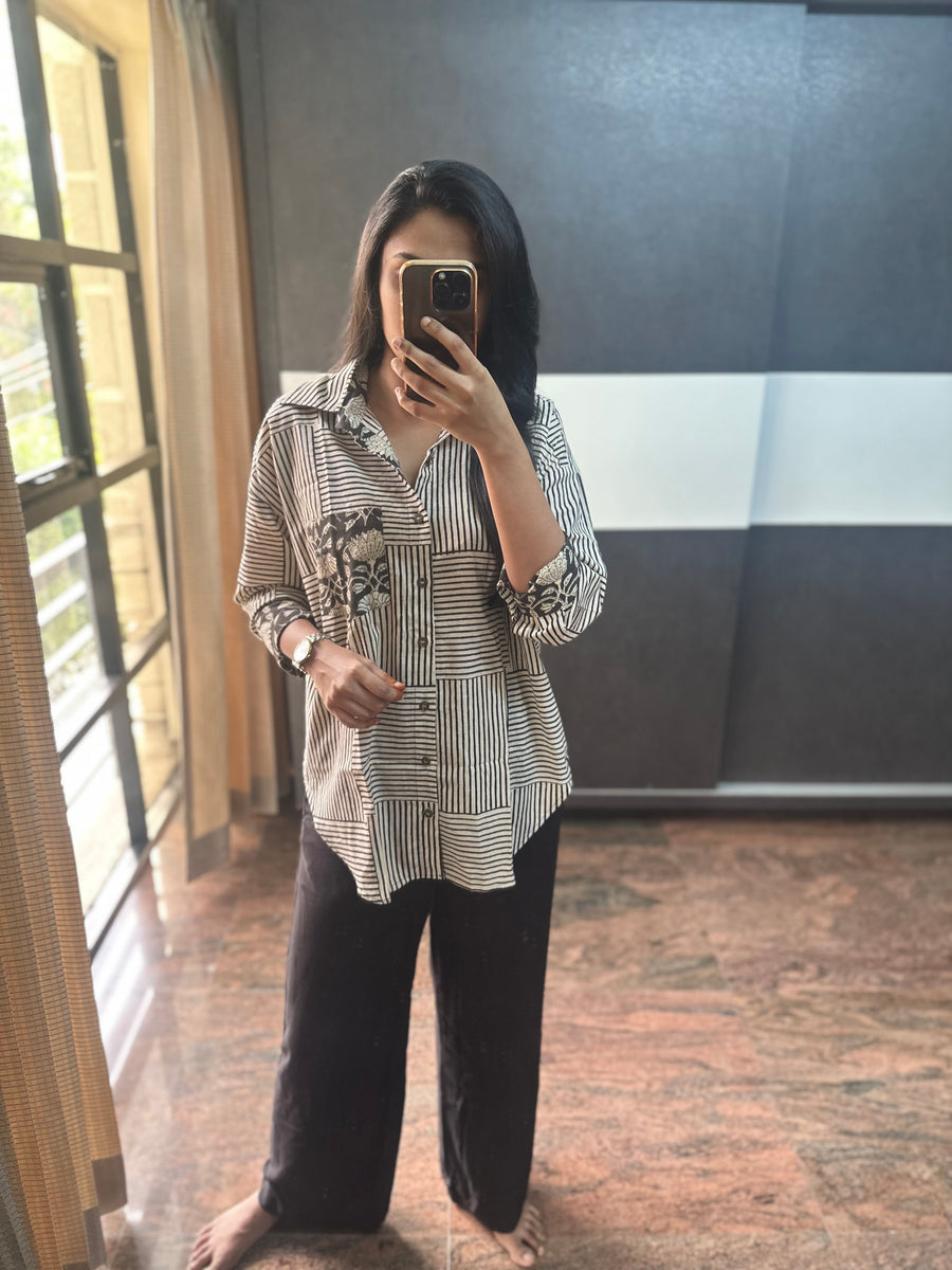 Black Patch Cotton Oversized Shirt