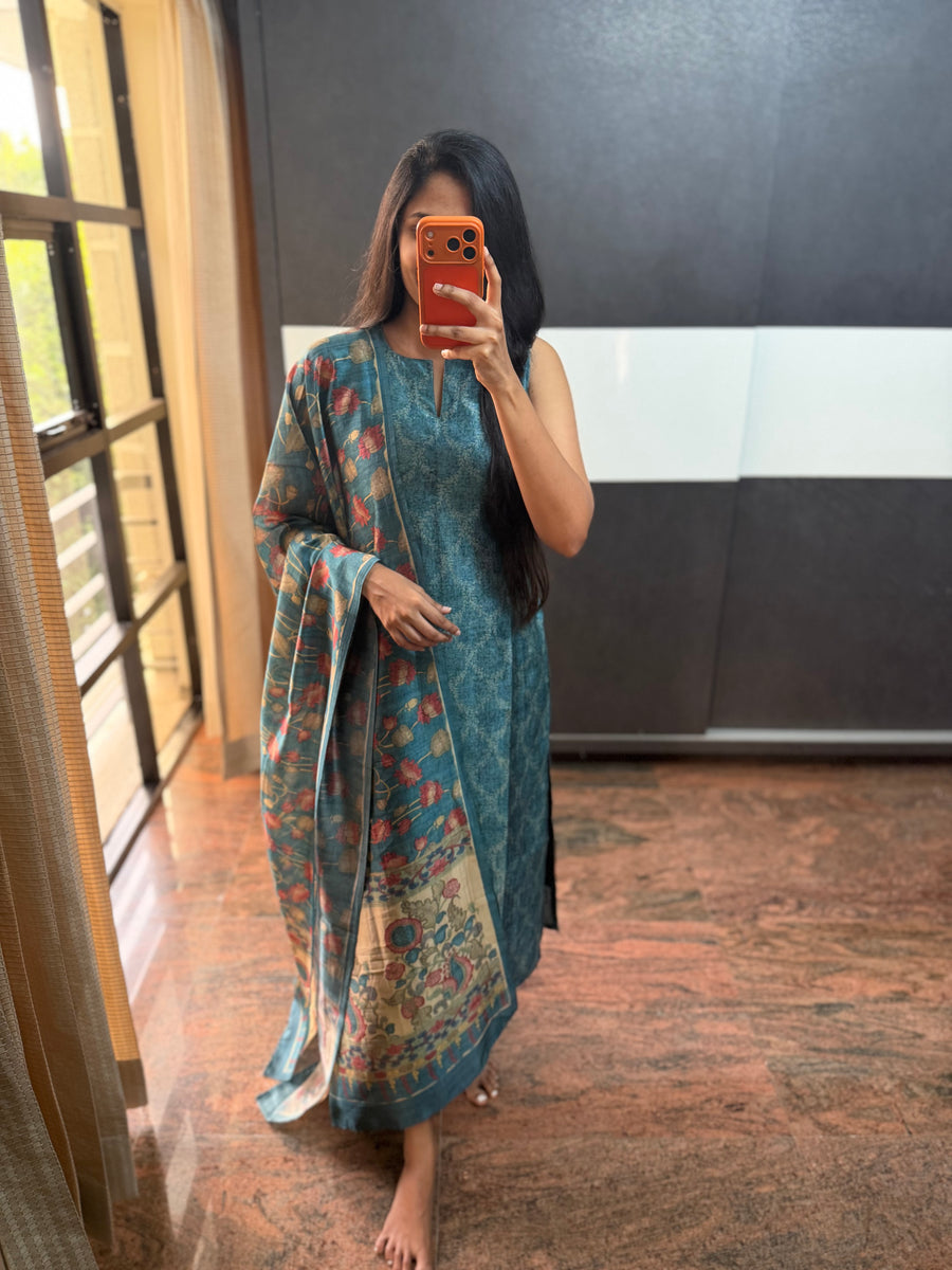 Blue Raw Silk Top With Dupatta