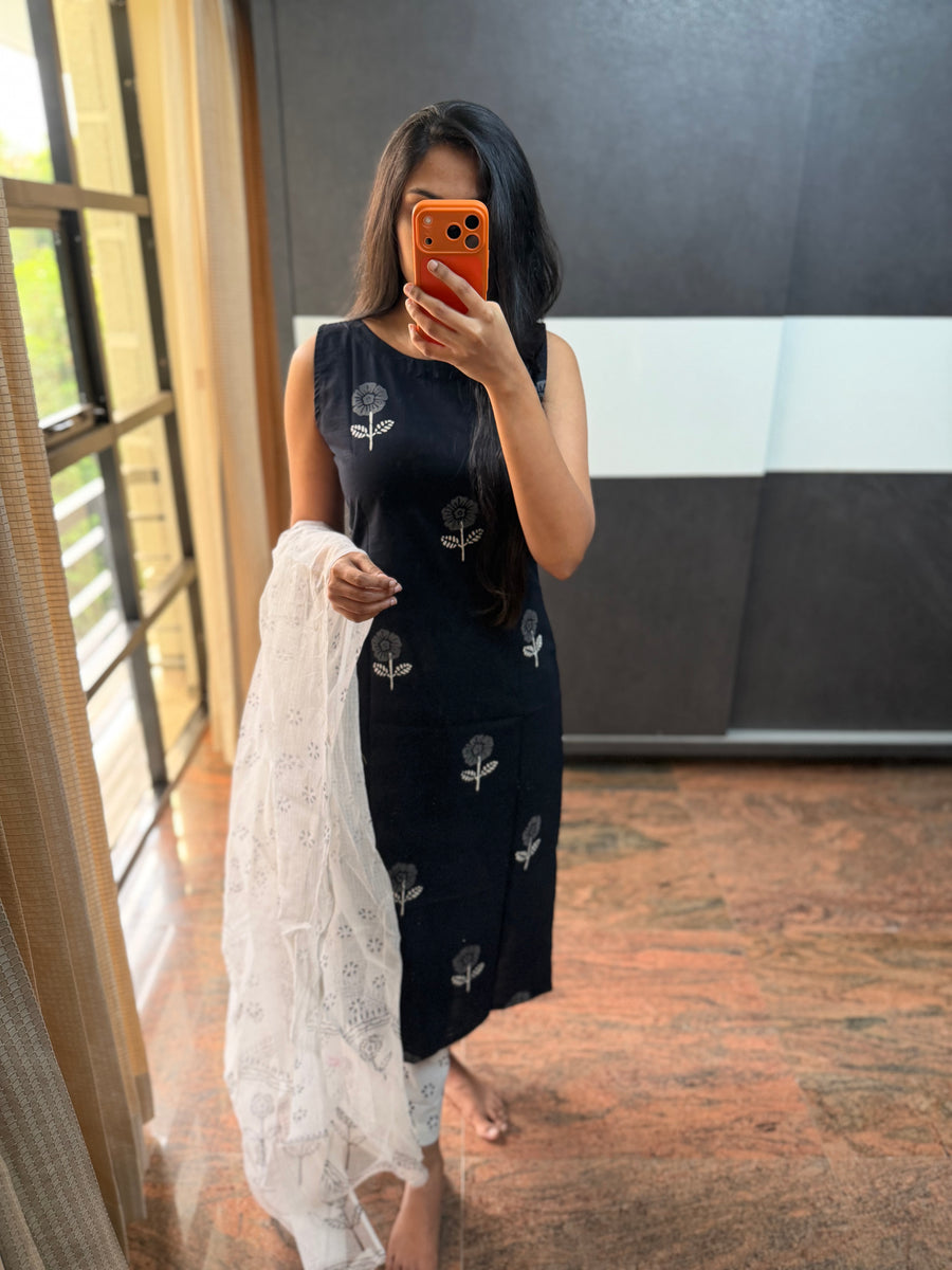 Black Cotton Set with Kota Dupatta