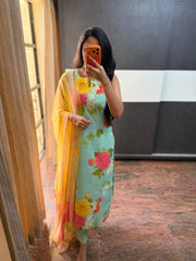 Teal blue Mul cotton Top with Chiffon Dupatta