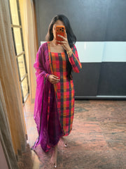 Madars Checks Top with Organza Dupatta