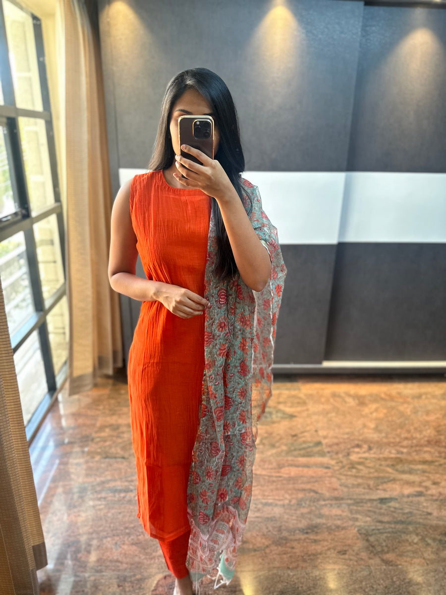 Orange Chanderi top with Kota dupatta